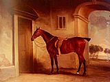 Bay Canvas Paintings - A Saddled Bay Hunter In A Stableyard